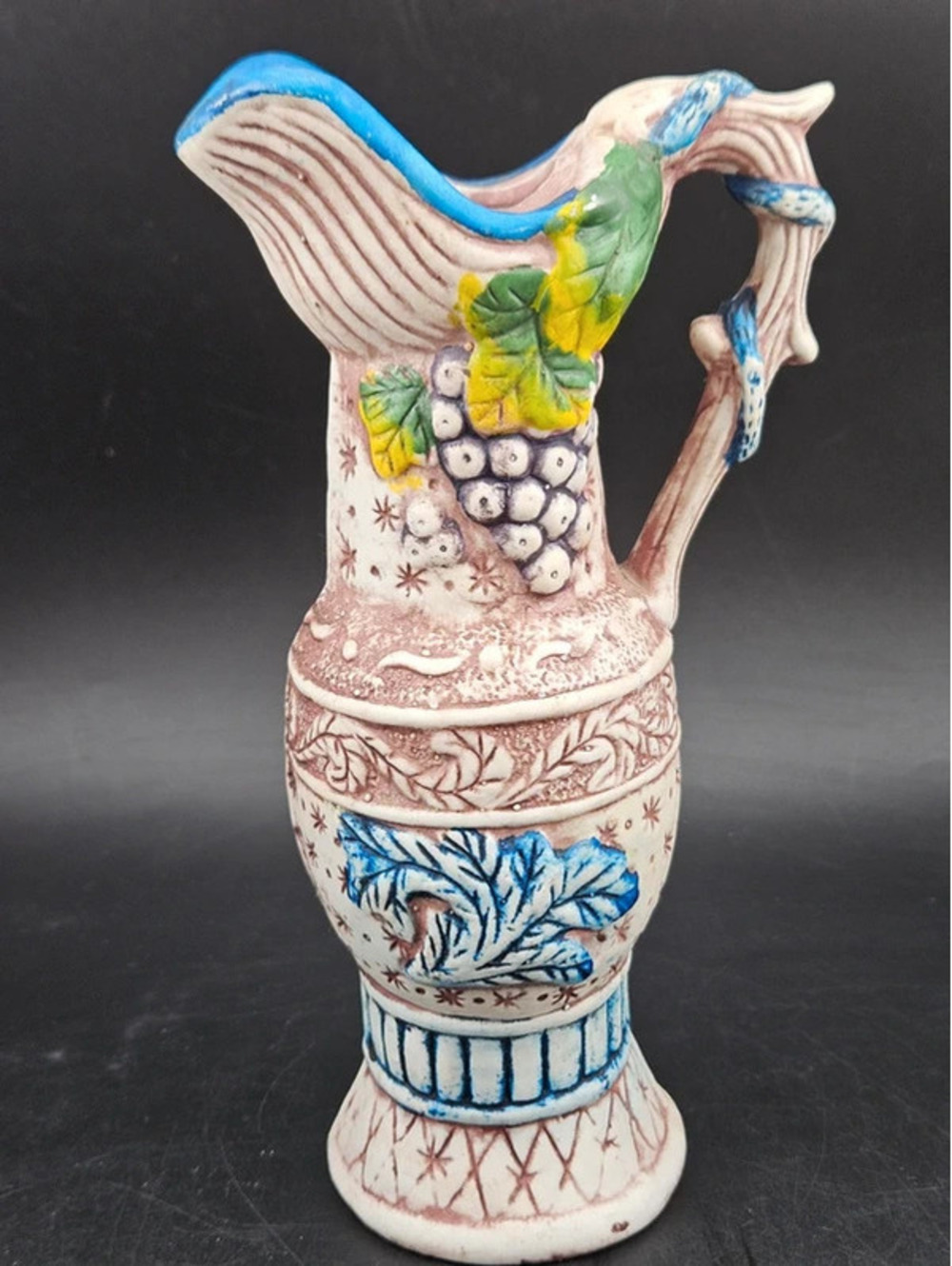 Majolica Barbotine Grapes & Foliage Figural Pitcher Jug